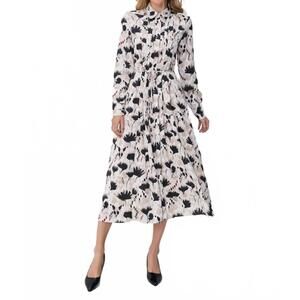 NEW MISS FINCH NYC modest floral midi dress with light front tie in tan